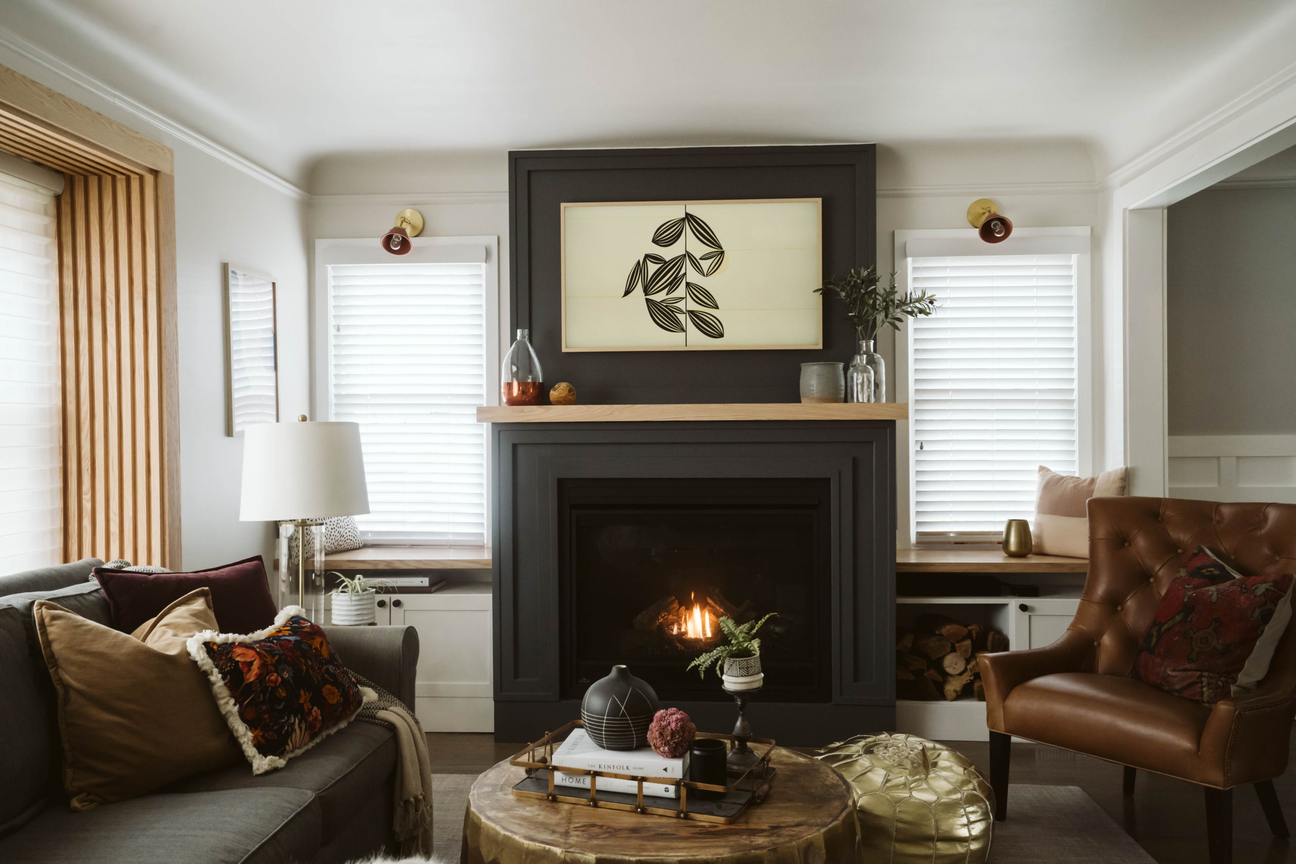 modern family room with fireplace
